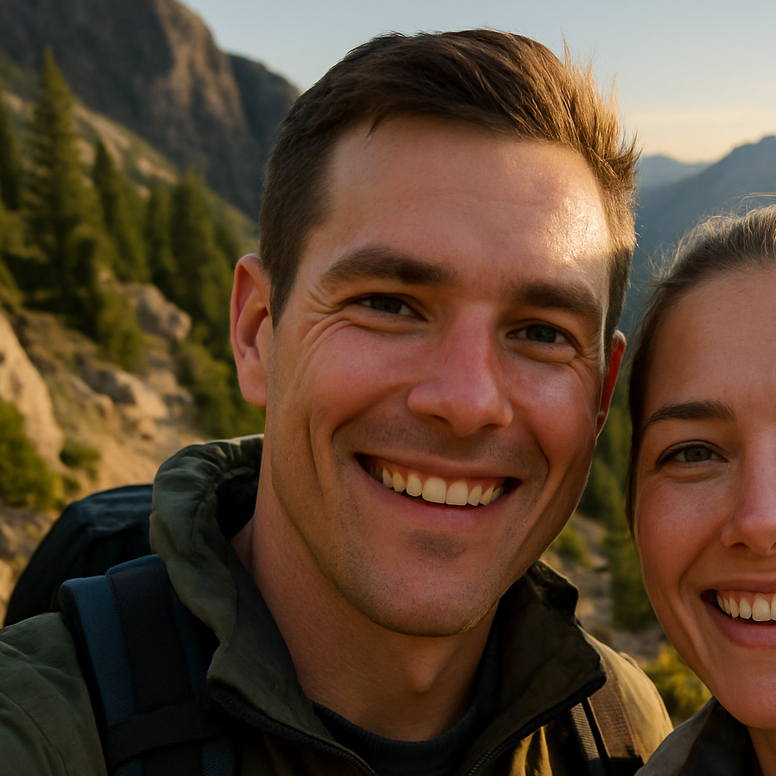 Two people taking a selfie in a mountainous landscape