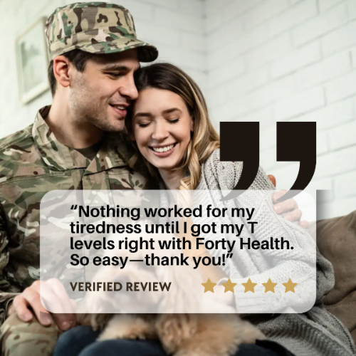 Man in military uniform hugging a woman with a dog, text overlay about Forty Health product.