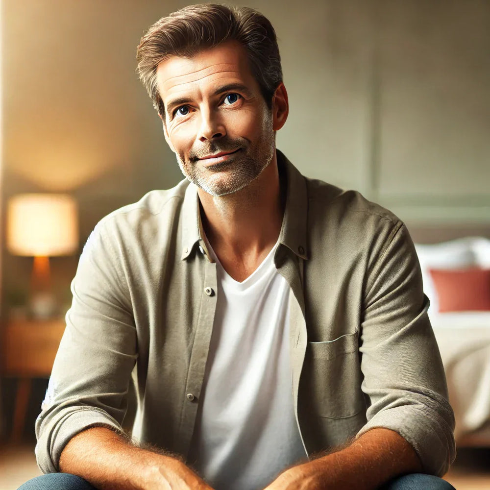 A confident middle-aged man sitting in a relaxed home setting, looking relieved and empowered. erectile dysfunction (ED) treatments, FDA-approved medications like sildenafil and tadalafil