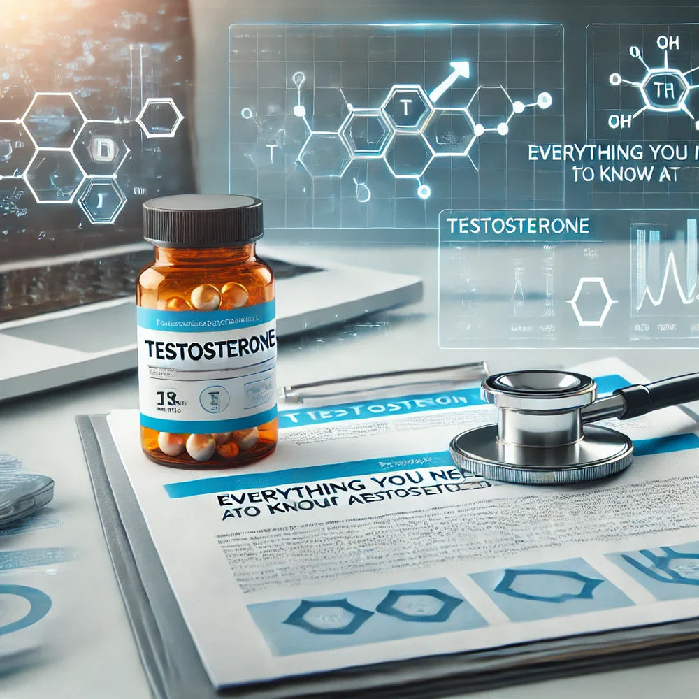 Professional medical workspace featuring research documents, a testosterone-labeled prescription bottle, and a digital chart, representing comprehensive testosterone research and treatment insights.