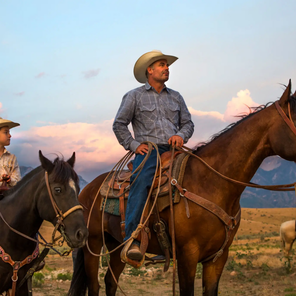 american Father and son on horseback at sunset, symbolizing strength, legacy, and natural masculinity—just like enclomiphene supports testosterone and fertility.
