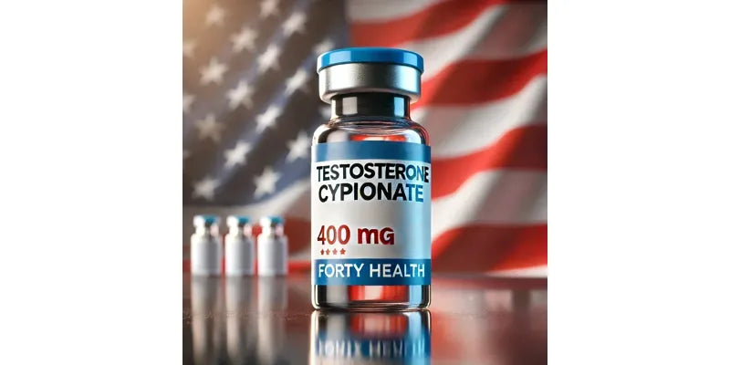 A 400mg vial of Testosterone Cypionate by Forty Health, with additional vials in the background and an American flag, symbolizing hormone replacement therapy for men.