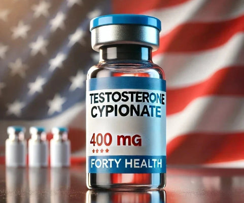 A 400mg vial of Testosterone Cypionate by Forty Health, with additional vials in the background and an American flag, symbolizing hormone replacement therapy for men.