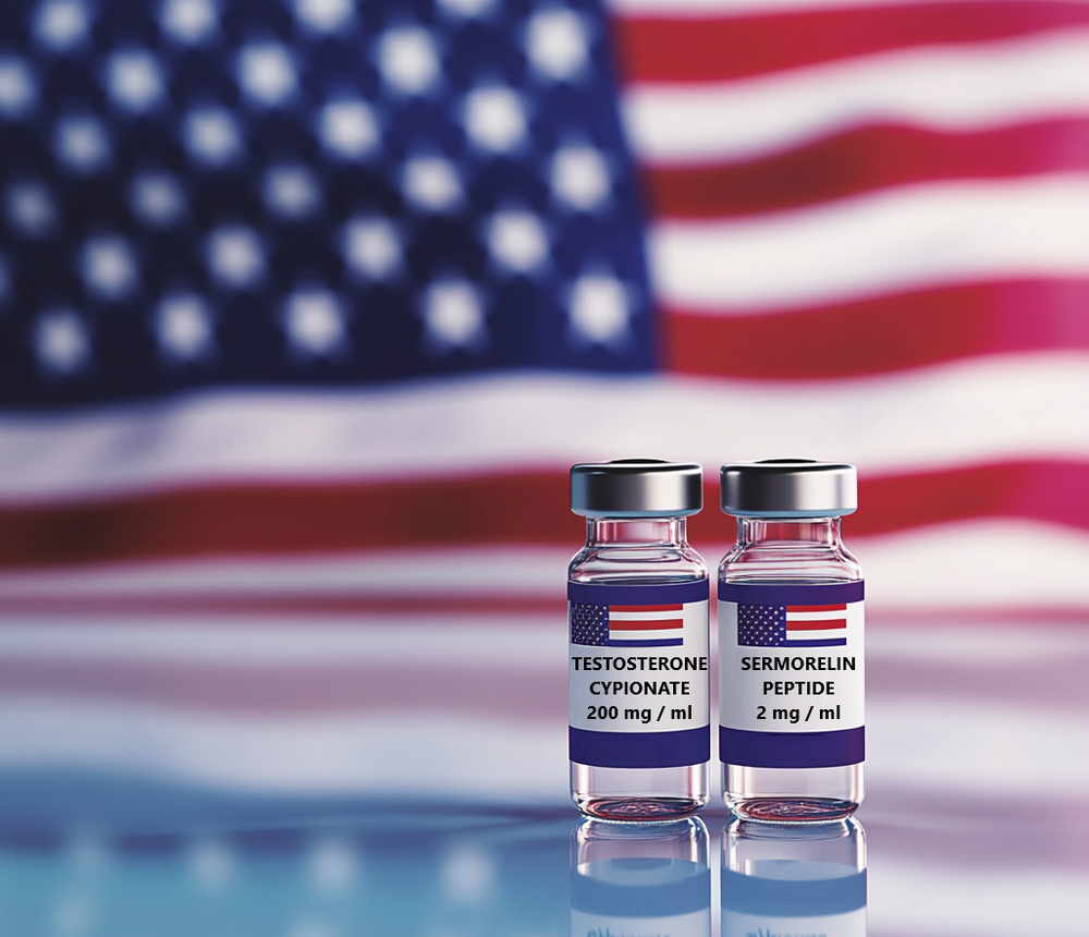 
                  
                    Two vials of Testosterone Cypionate and Sermorelin by Forty Health, displayed on a reflective surface with a softly blurred American flag in the background. Perfect for showcasing premium, American-made hormone therapy for men's health, energy, and vitality.
                  
                
