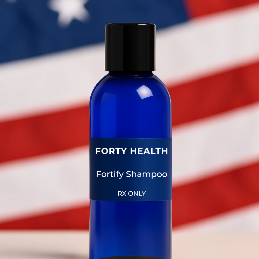 Fortify RX Shampoo by Forty Health – doctor-developed topical hair regrowth solution with minoxidil, finasteride, and progesterone for fuller, thicker hair rejuvenation for men avoid hair transplant.