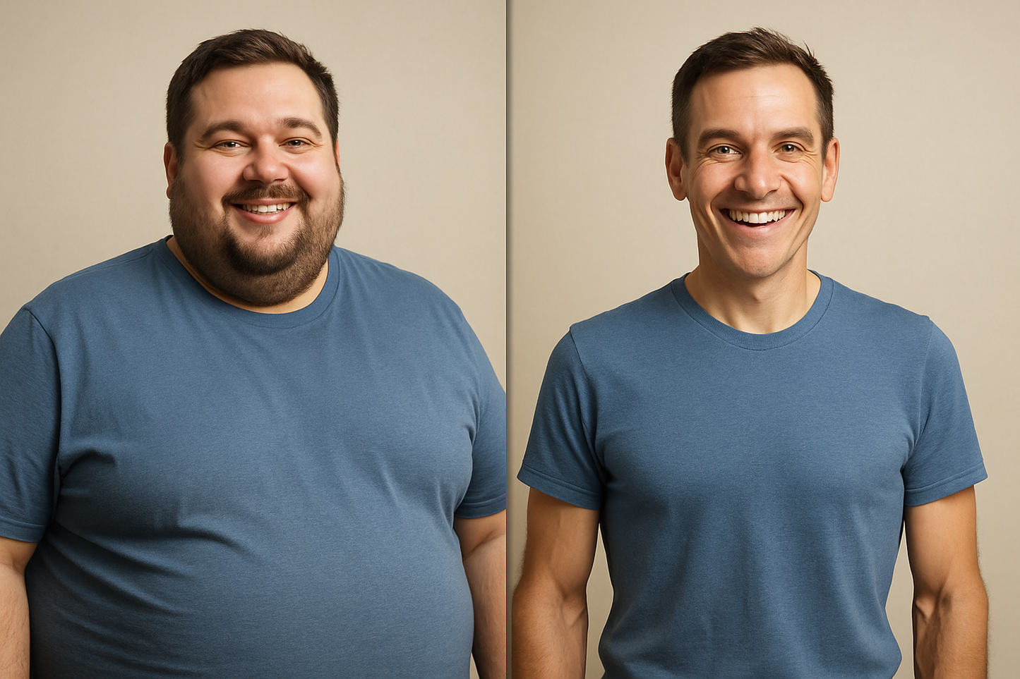 hyper realistic before and after image of a man after severe weight loss from obesity, happy, bold