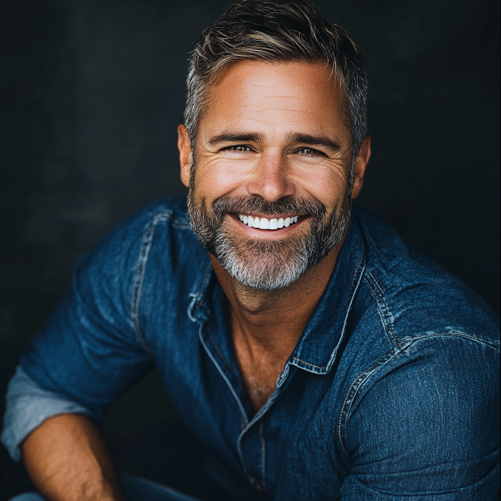 Customer patient client Alex wearing a blue denim shirt against a dark background for testimonial for Forty Health. 