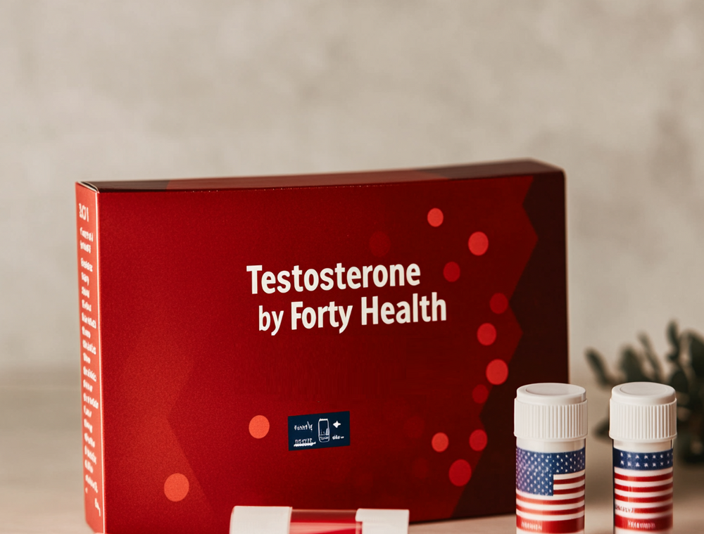 estosterone testing kit by Forty Health, featuring a sleek red box with white text, accented by diagnostic vials wrapped in American flag-themed labels. The kit emphasizes premium quality and precision for health optimization.